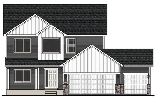 3232 Jandura Ave NE- Rendering showcases exterior color scheme with stone accents. Highlights include a 4 BAY GARAGE (1010 sq.ft.), Concrete Front Porch, & an Unfinished Walkout Lower Level located on a No Outlet street. Exact color match may vary.
