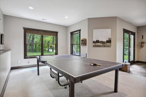 Billiards/game room in lower level with backyard views