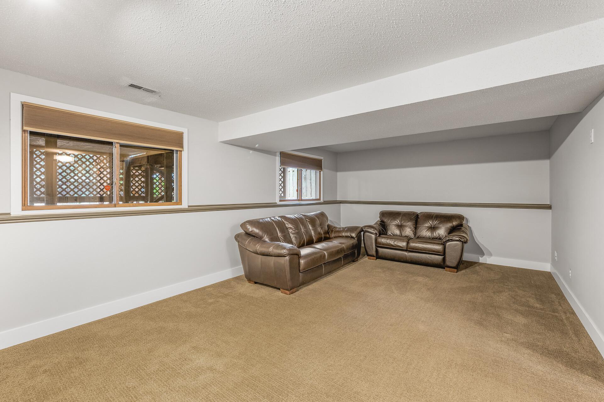 Cozy lower level family room with lookout windows.