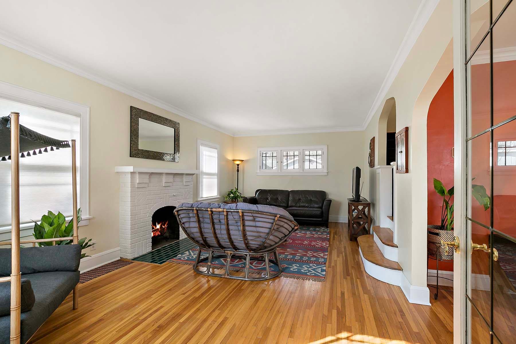 View from entrance. Gorgeous original hardwood floors.