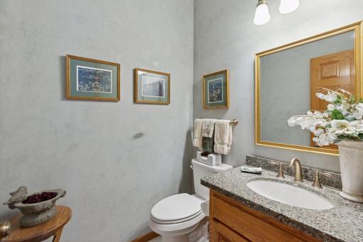 Main level powder room, Cambria countertops, natural woodwork