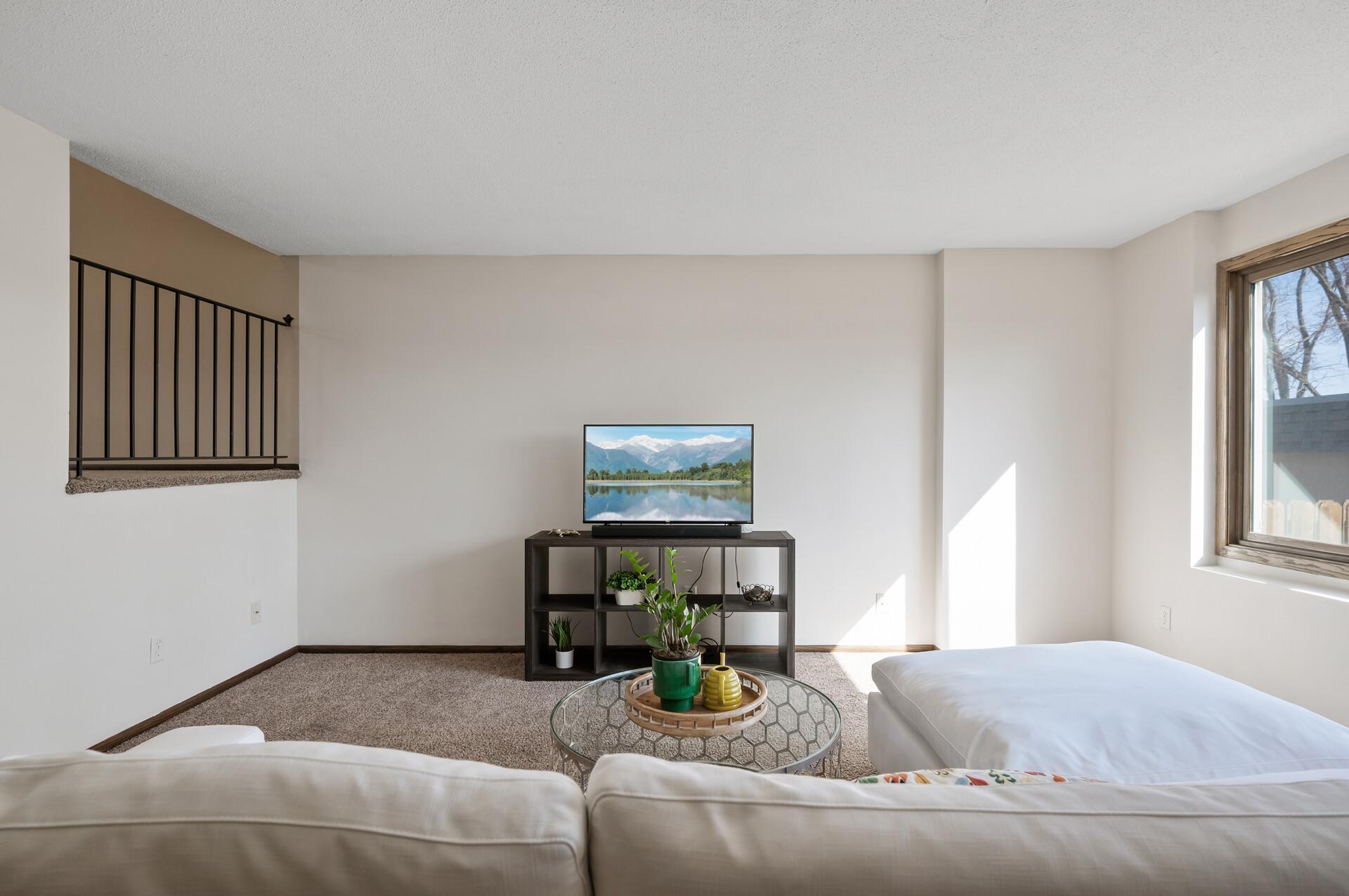 In this view you can see the full wall that will accommodate a large TV.