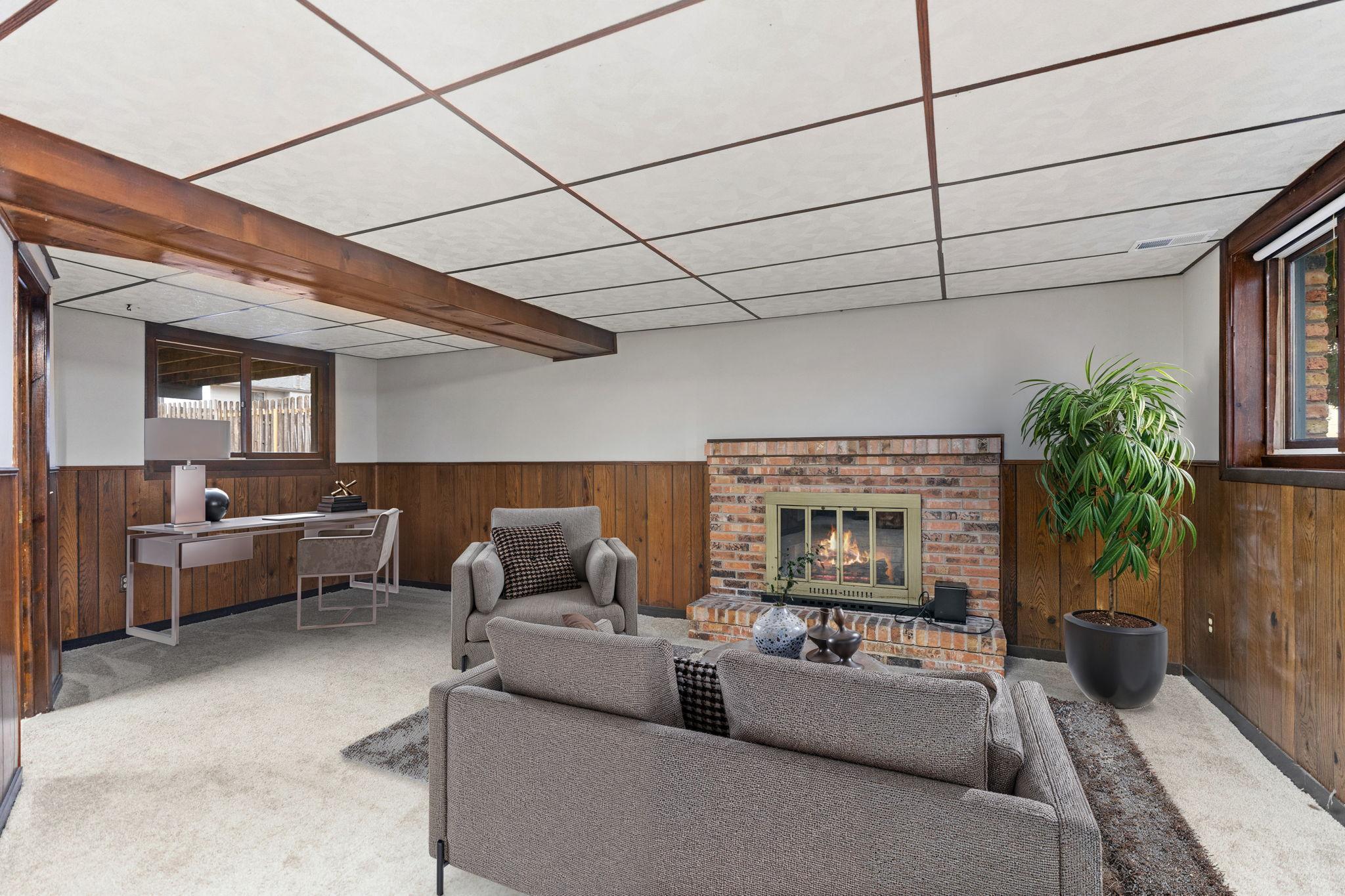 Lower level family room with fireplace