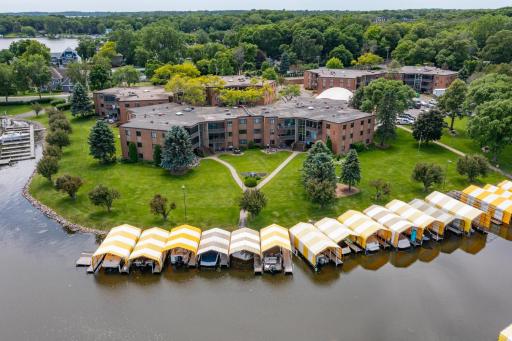 Aerial view with your 27 foot boat slip in the foreground. Easy walk to the boat!