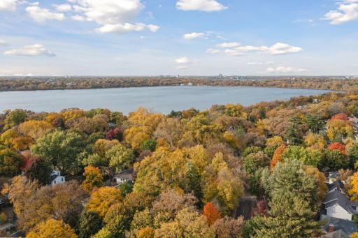 Aerial view above the home illustrating the two-block proximity to Lake Harriet's South Beach