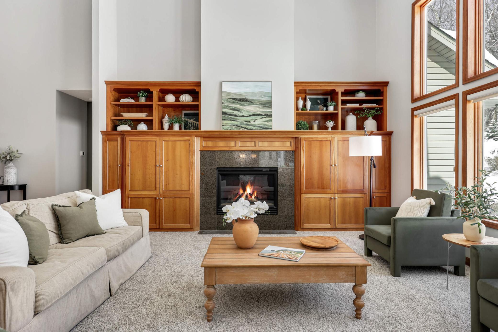 Beautiful built ins and cozy fireplace