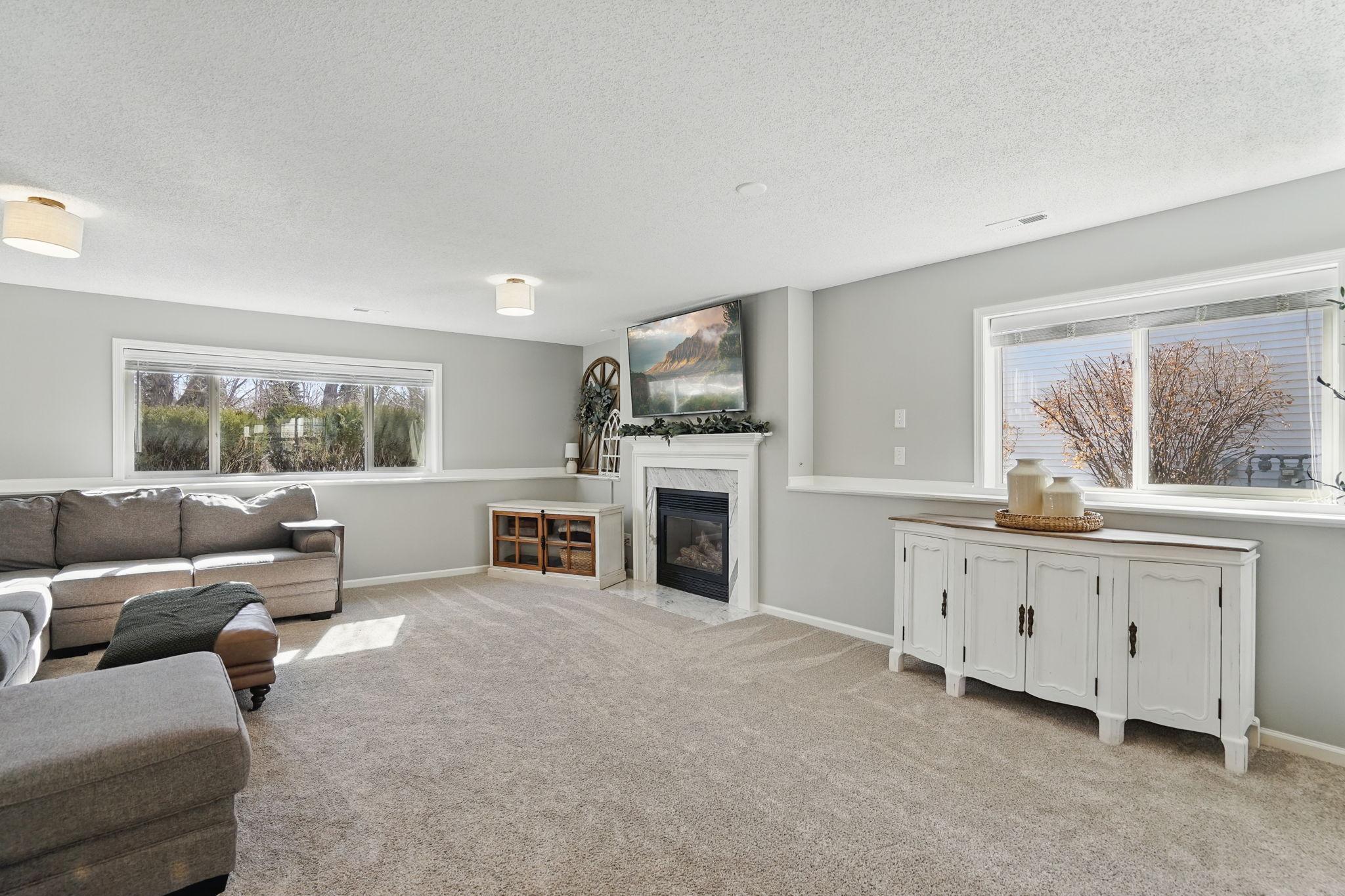 Spacious family room with a fireplace