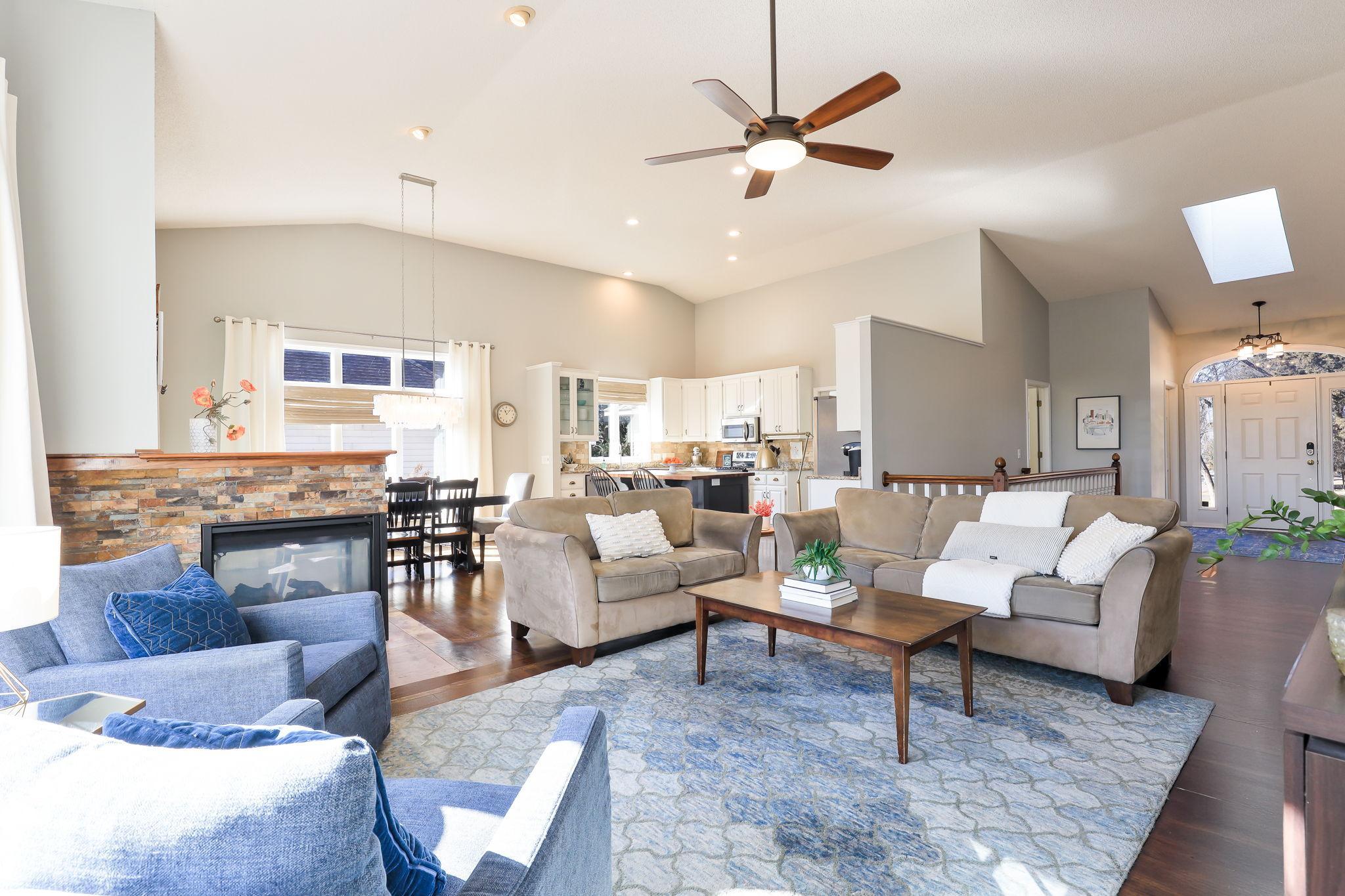 Spacious living room with elevated ceilings