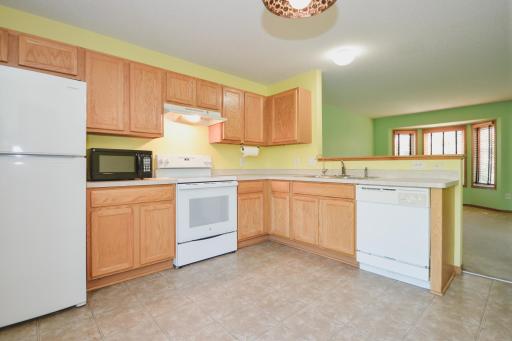 Kitchen appliances include: fridge, dishwasher, stove, microwave, and exhaust fan
