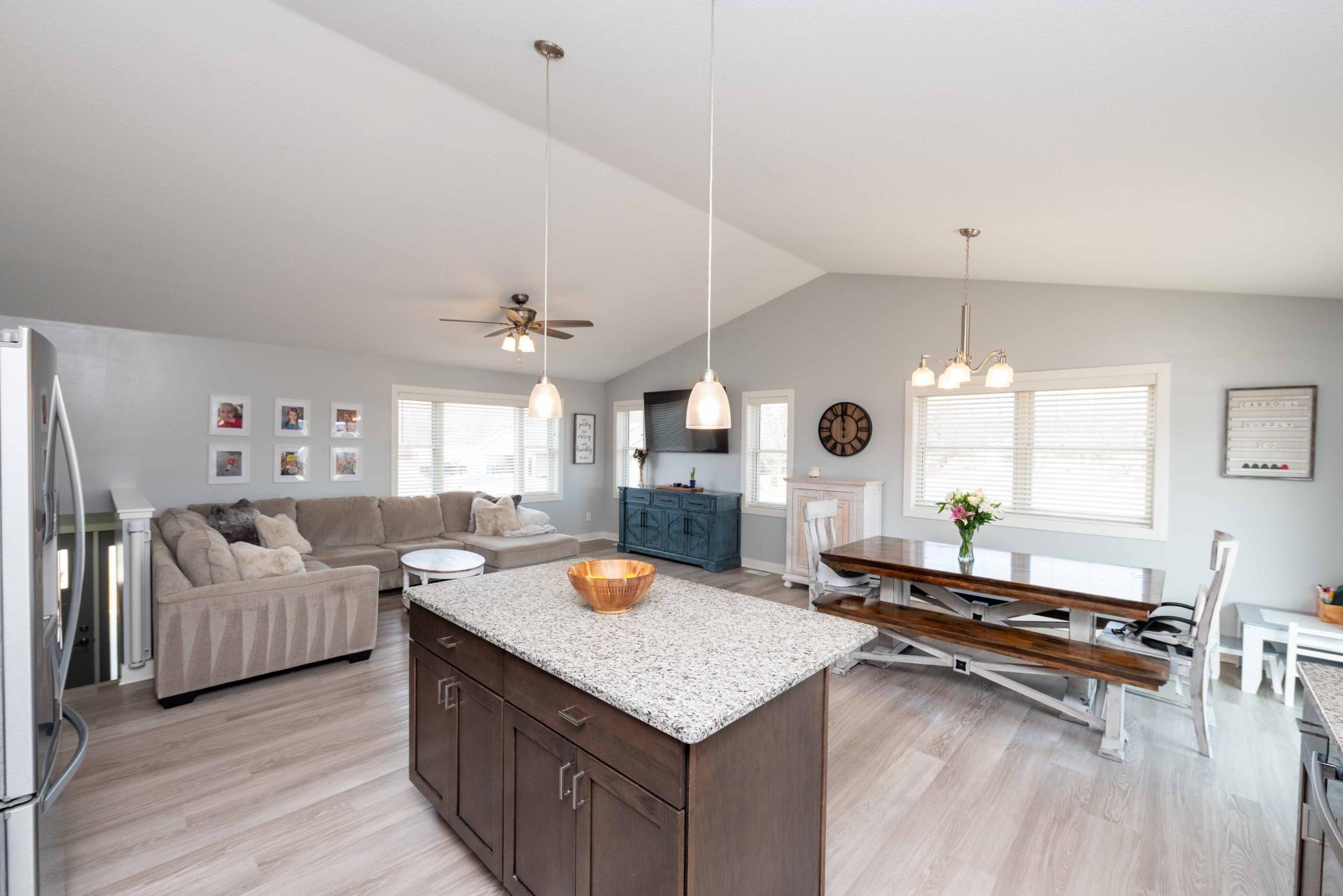 Ceiling fan keeps air moving and windows offer summer breezes to enjoy your down time.