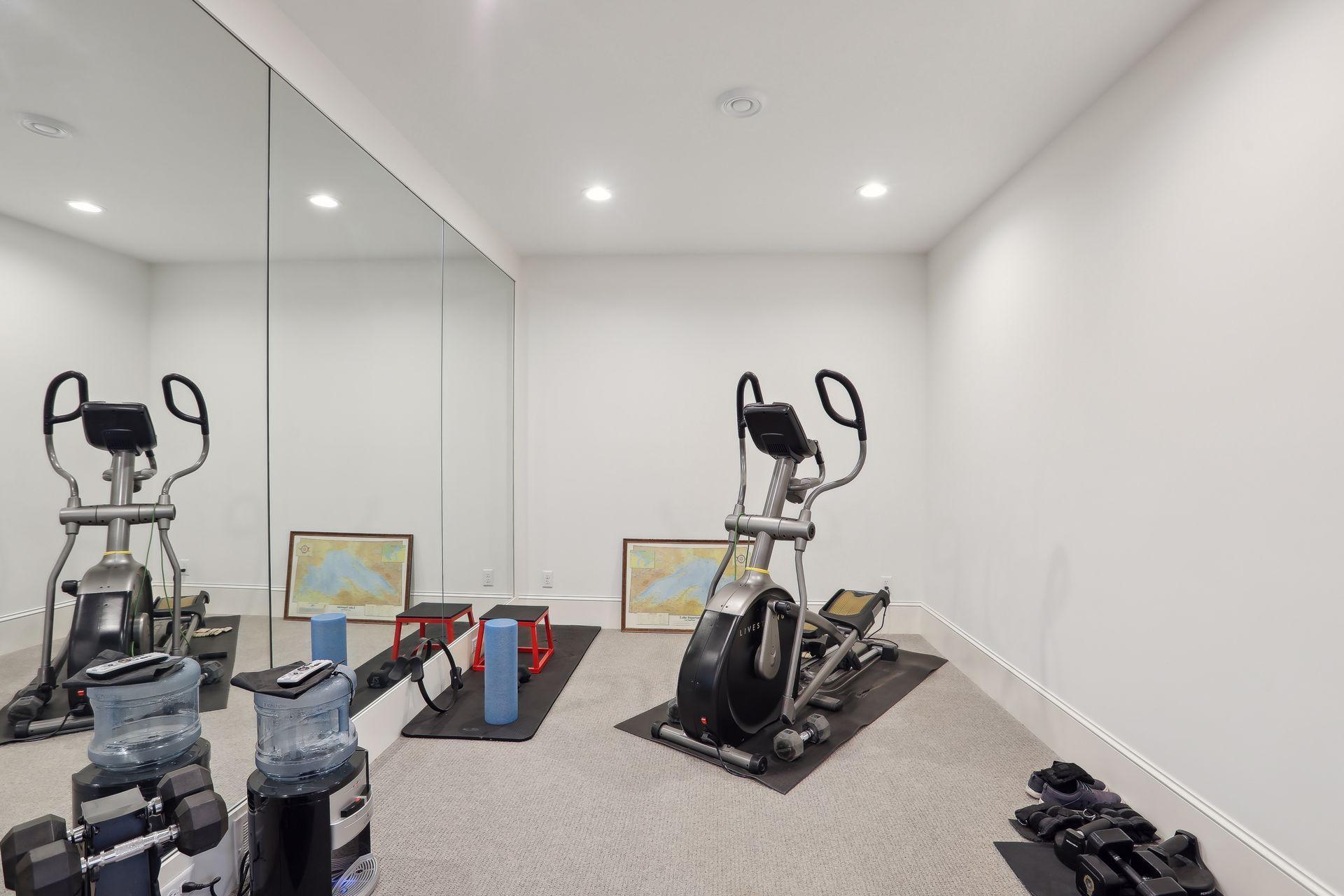 Ample space for multiple pieces of exercise equipment.