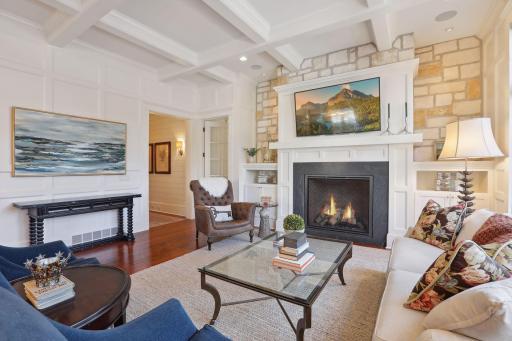 Reclaimed Douglas Fir Hardwood floors accent the marble fireplace surround and enameled woodwork.