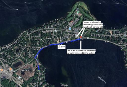 This map shows the location of the assigned boat slip and parking in relation to the property.