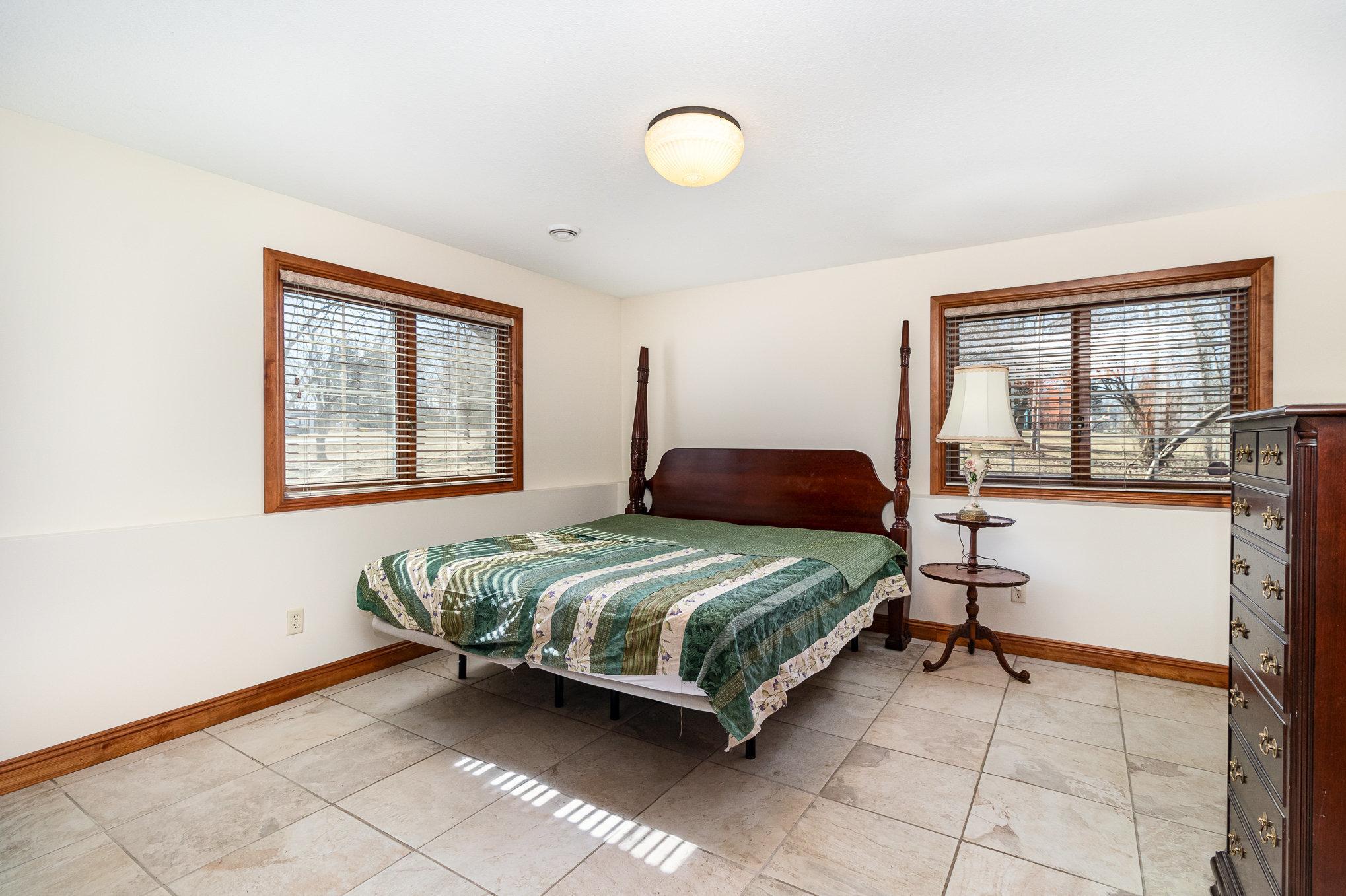 The lower-level master bedroom is a serene retreat, featuring a spacious layout, large windows, and walk-in closet for ample storage.