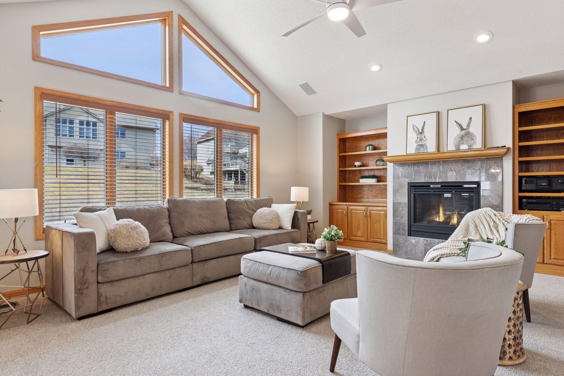 Gather around the cozy gas fireplace on chilly evenings, enjoy built-in shelving for your favorite books and decor, and experience crystal-clear sound with integrated ceiling speakers.