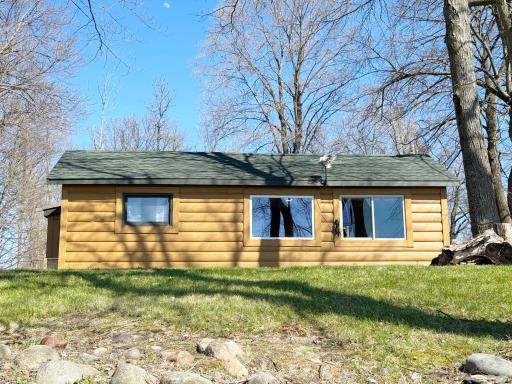 West "lake-facing" side view of the cabin.