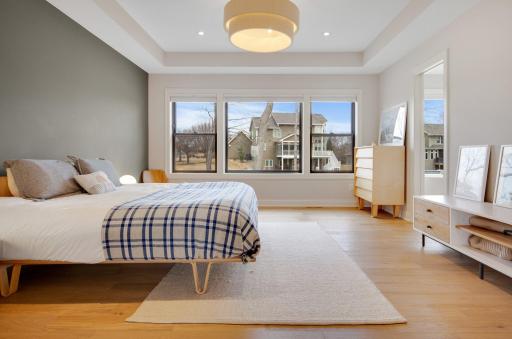 Primary Suite! Tray ceiling, chandelier, additional can lighting, automated window coverings...