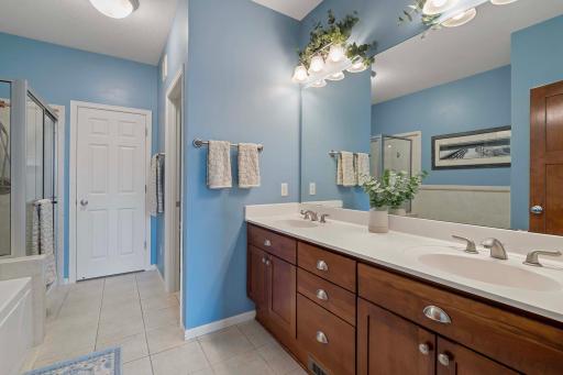 Primary bath with dual sinks, separate tub and shower and large walk-in closet.