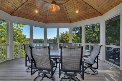 This beautiful lakeside gazebo is the perfect blend of rustic charm and modern comfort. With stunning panoramic views of the water and surrounding trees, it's the ultimate spot to enjoy the outdoors in a peaceful, screened-in setting.