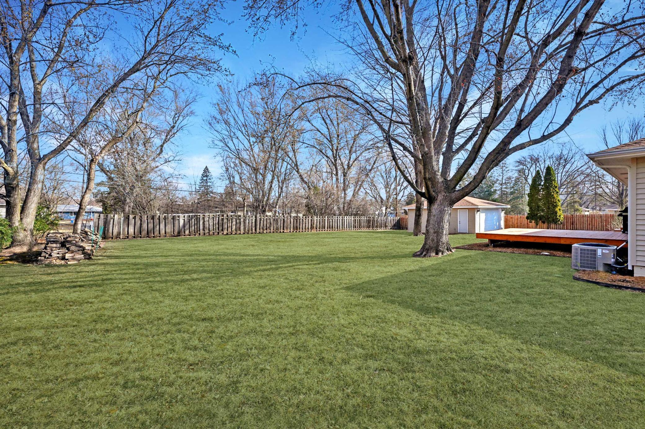 Expansive backyard with multiple mature trees providing shade and privacy