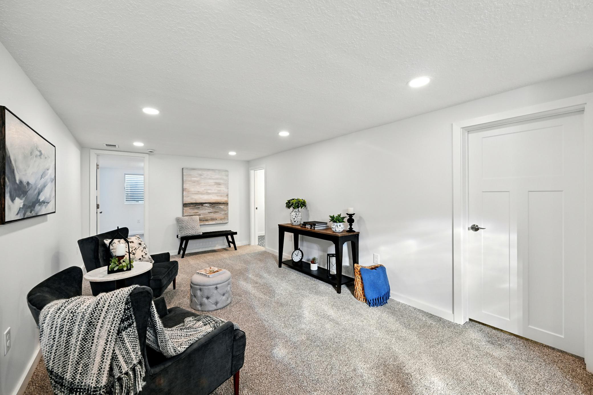 Spacious lower level family room with new plush carpet and recessed lighting