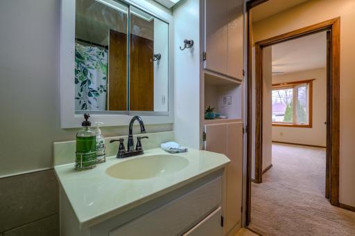 Main-Level Bathroom â Vanity Toward Hall â View highlights the vanity, mirrored cabinet, and built-in storage. Located off the main hallway near bedrooms, this full bath offers convenient access and cohesive finishes.