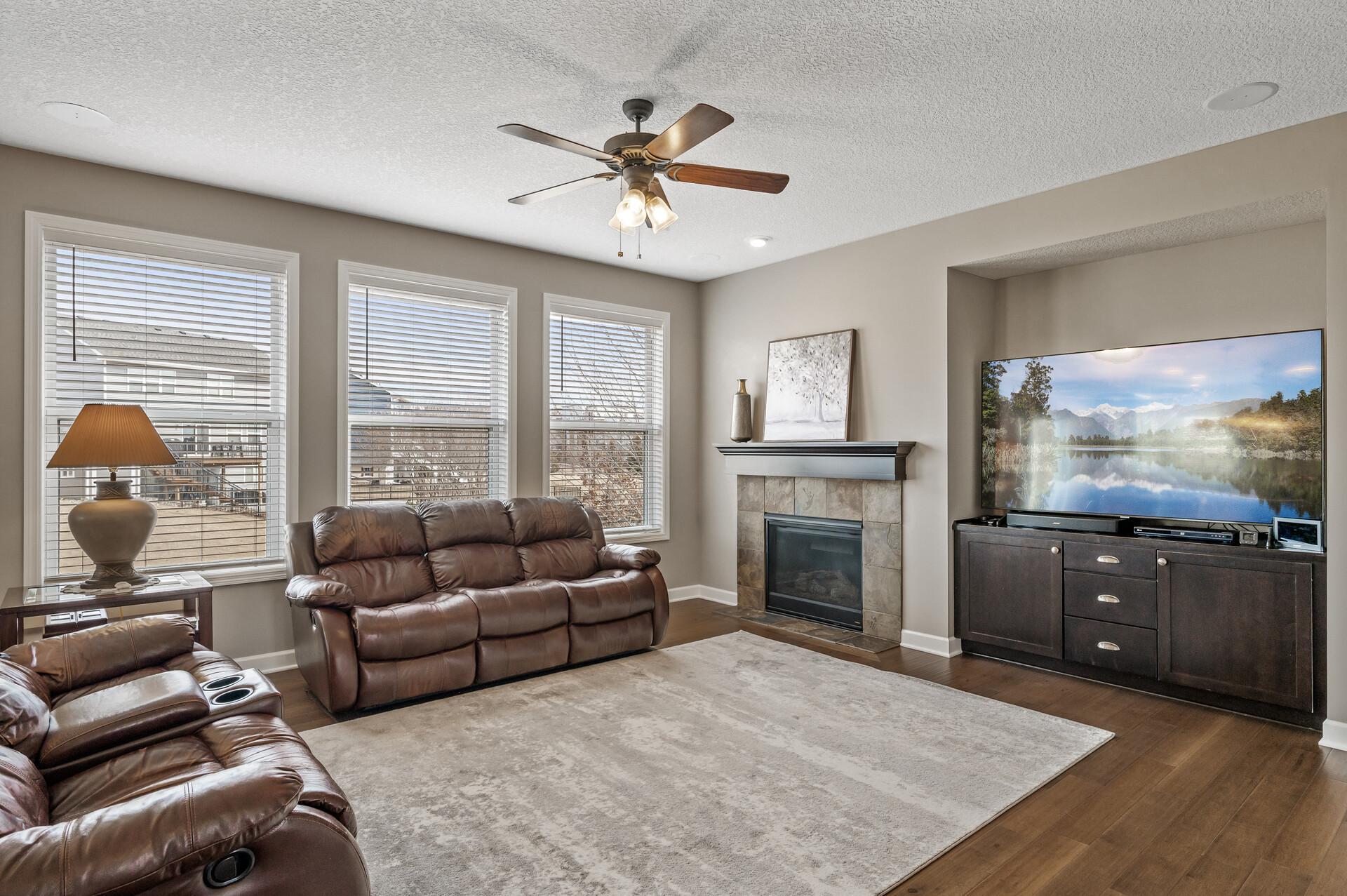 The fireplace provides added warmth during cool summer nights and chilly winter months.