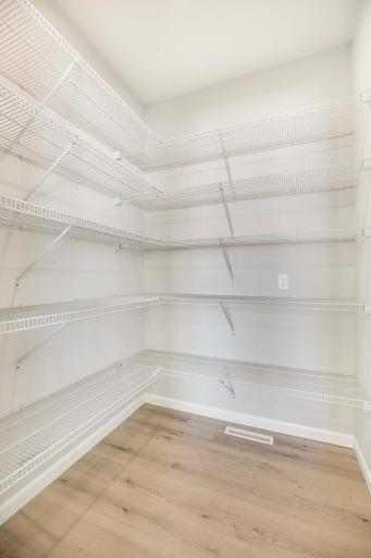 The spacious walk-in pantry, offers ample storage for all the kitchen essentials. With plenty of shelving and organized space, keeping the kitchen clutter-free. Photos are from previously built home; options and features will vary.