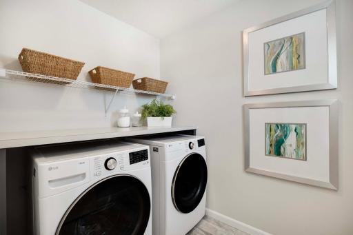 Conveniently located upstairs laundry. Photos are from previously built home; options and features will vary.