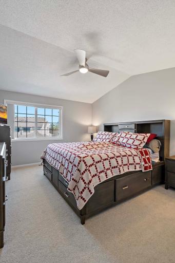 Vaulted primary bedroom with spacious walk in closet