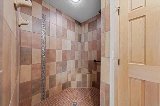 Custom ceramic walk-in shower on lower level.