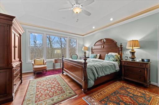 Primary bedroom with tray ceiling and ambient lighting.