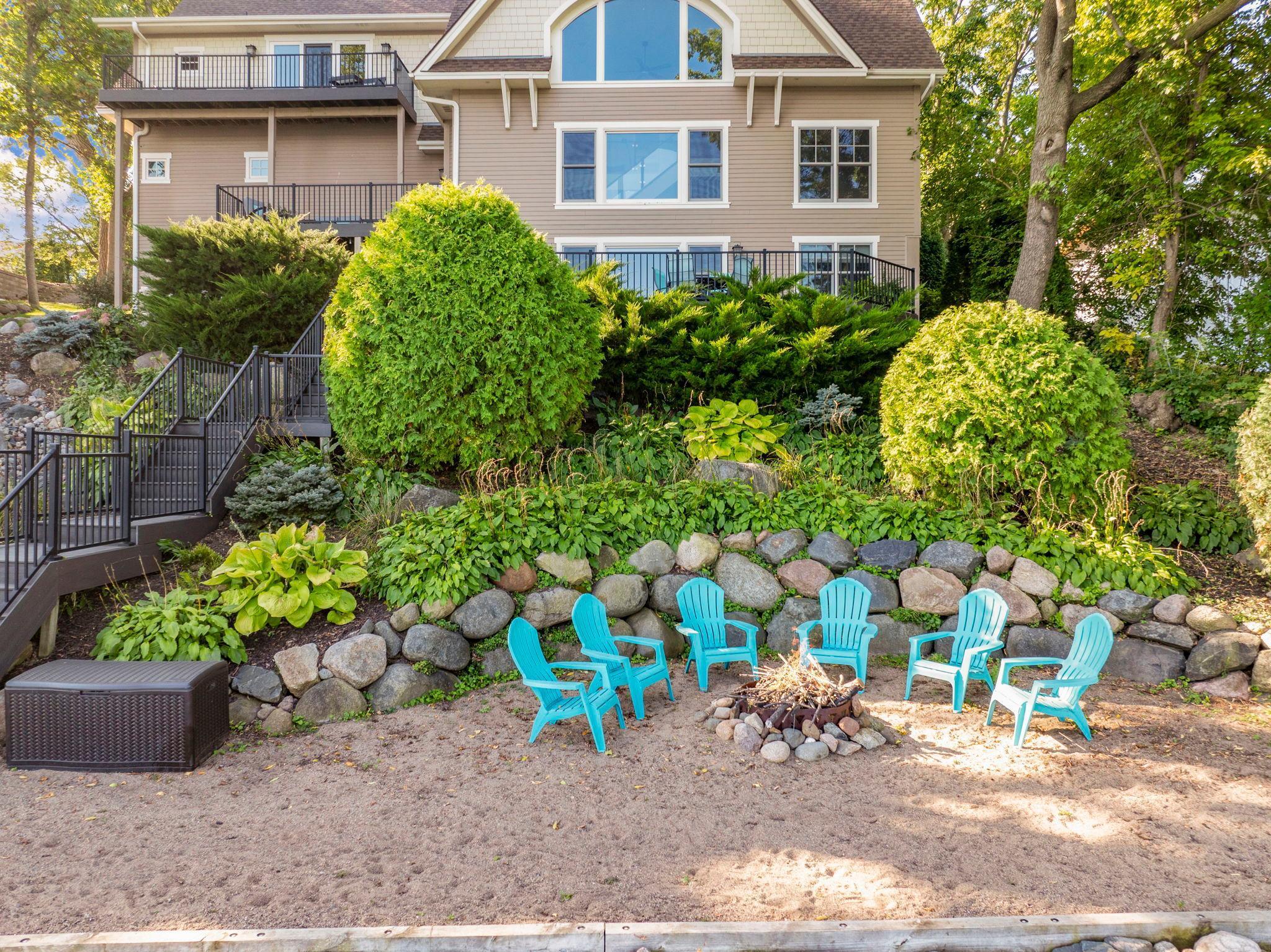 fun beach area with firepit