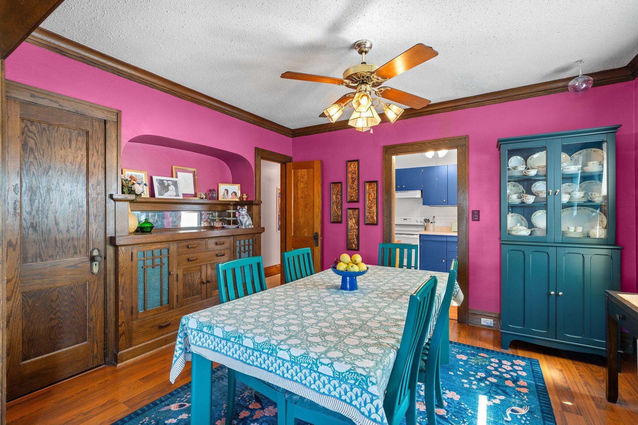 Check out the gorgeous natural woodwork and the lovely built-in dining buffet!