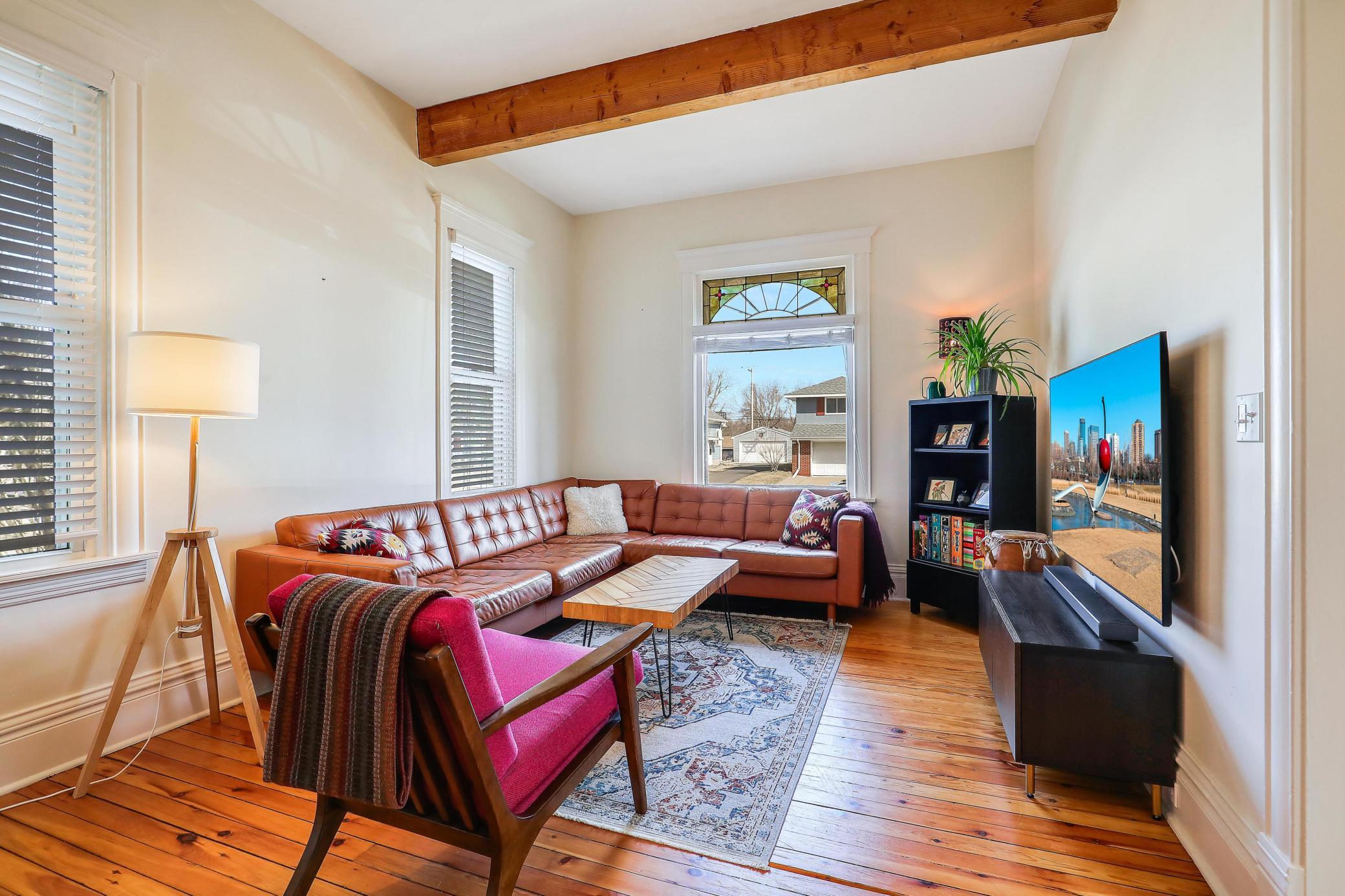 Living room with stain glass window