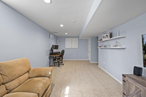 Spacious basement rec room, with extra storage under stairs and in crawl space behind cabinet doors.