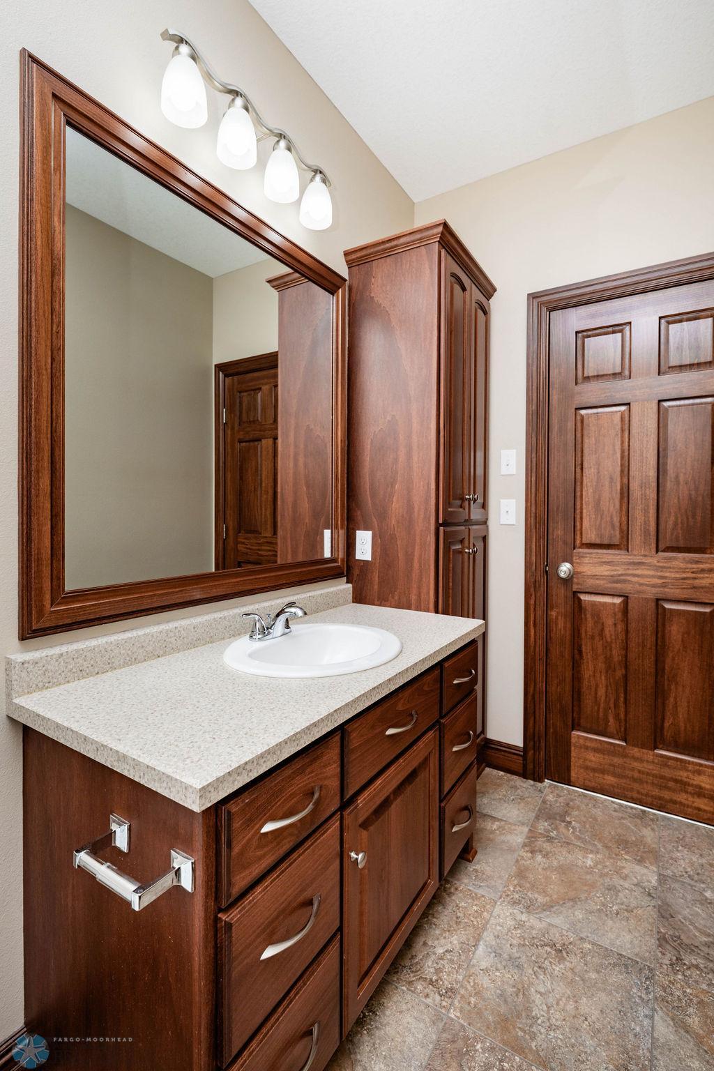 Full bathroom. Good size. Large linen cabinet.