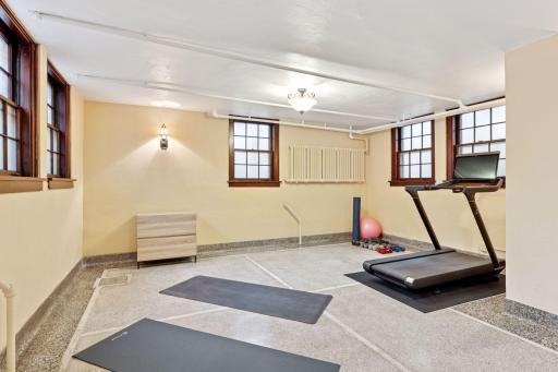 Lower level features terrazzo flooring, perfect for workouts!