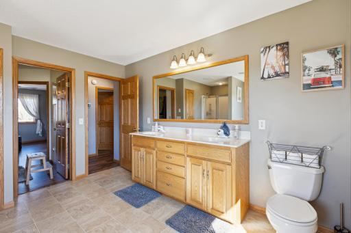 The primary bathroom is well laid out. Double sink!