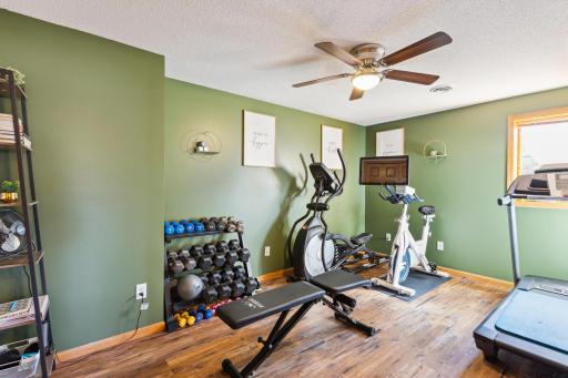 The 3rd lower level bedroom currently used as an exercise room. Love the contrast of the floors and walls!