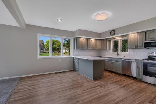 The dining area in a neutral color palate.