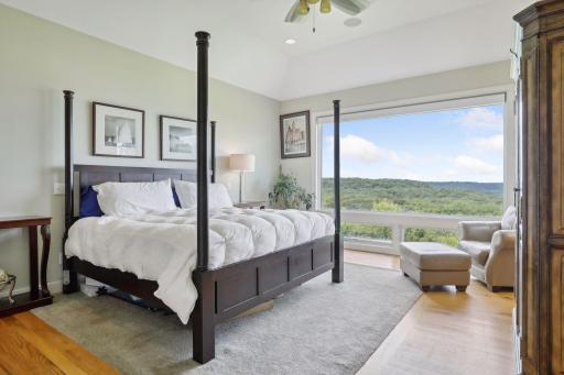 Primary suite with tray ceiling and wall-to-wall picture window
