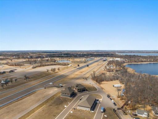 Aerial view of highway access and nearby lakes.
