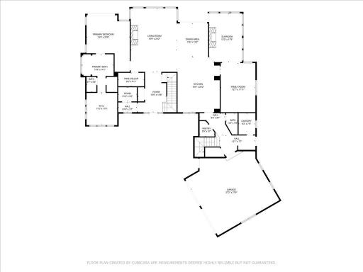 Main Level Floor Plan Open-concept layout featuring a spacious kitchen, dining, and living area with access to a covered patio. Includes a luxurious main-floor primary suite, office, laundry, and attached garage.