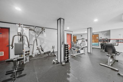 Large fitness room with lots of equipment