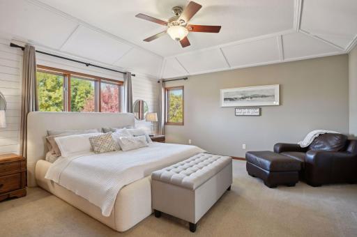 The primary suite is stunning with ceiling inlay. ship lap wall accents and wait until you see the walk in closet over the garage.