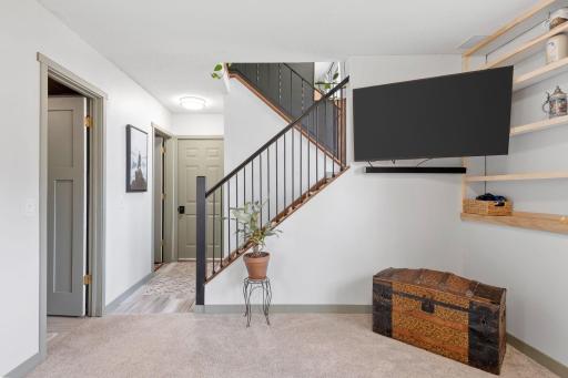 Full walk-out basement with an updated bathroom and spacious living room equipped with built-ins.