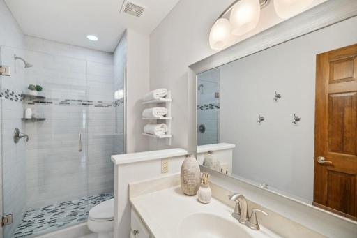 The lower level bathroom is perfect for guests or family