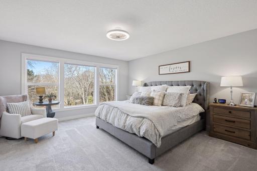 The primary bedroom includes plush carpeting, overhead lighting, and large windows that flood the room with an abundance of natural light.