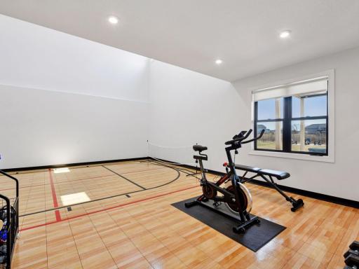 This space offers both a dedicated exercise area and a half-court sport court!